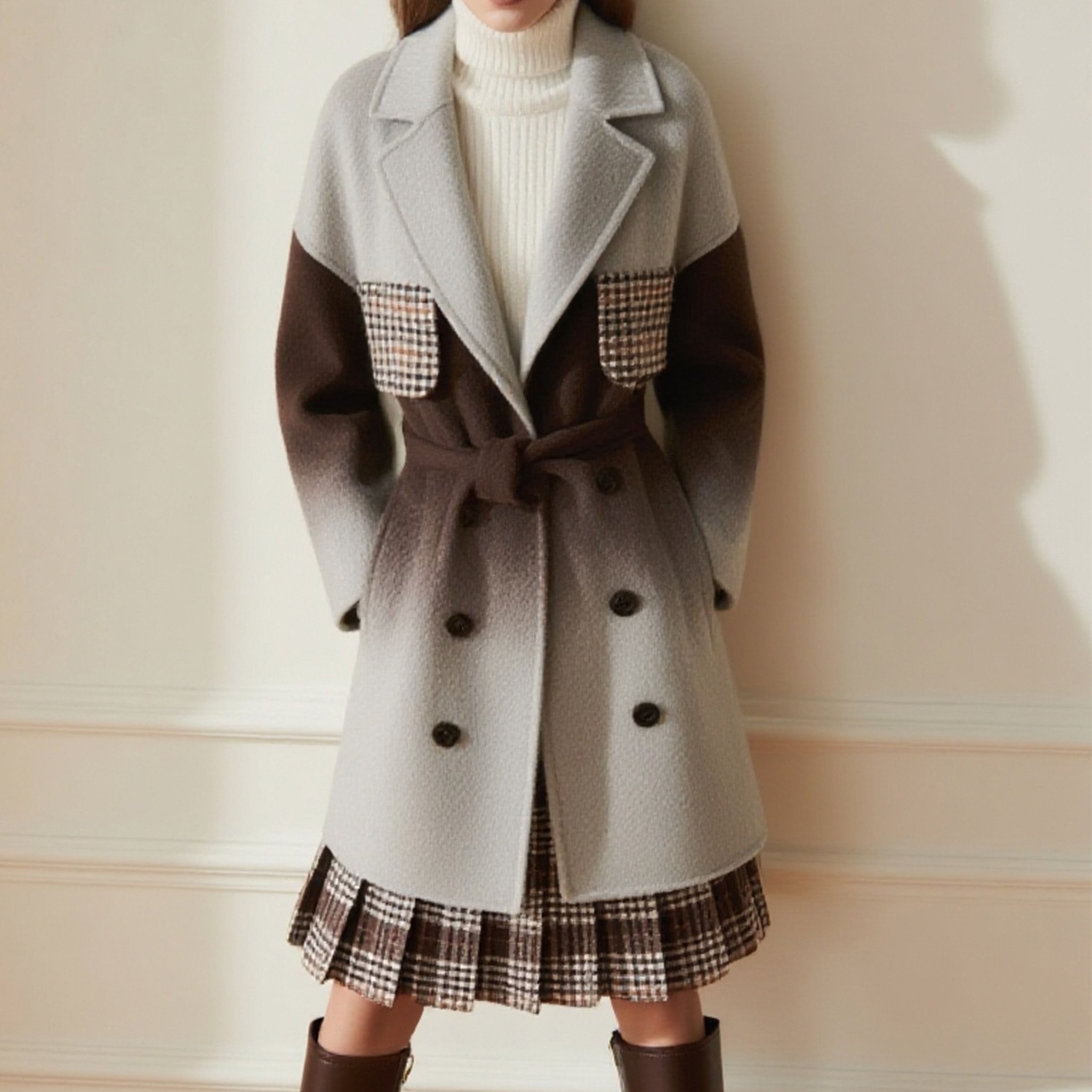모델 착용 그라데이션 체크 울 코트 스타일링