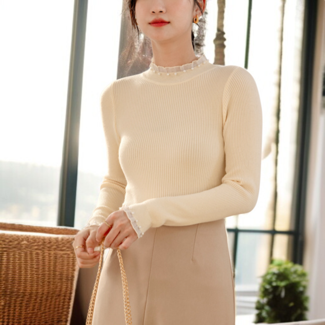 여성 블랙 루즈핏 니트 이너 반폴라 니트 레이스 이너 루즈핏 니트 풀오버 니트