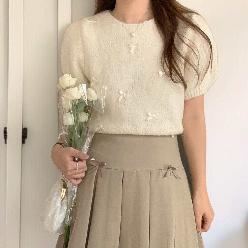 여성 풀오버 입체 니트 리본 장식 퍼프 니트