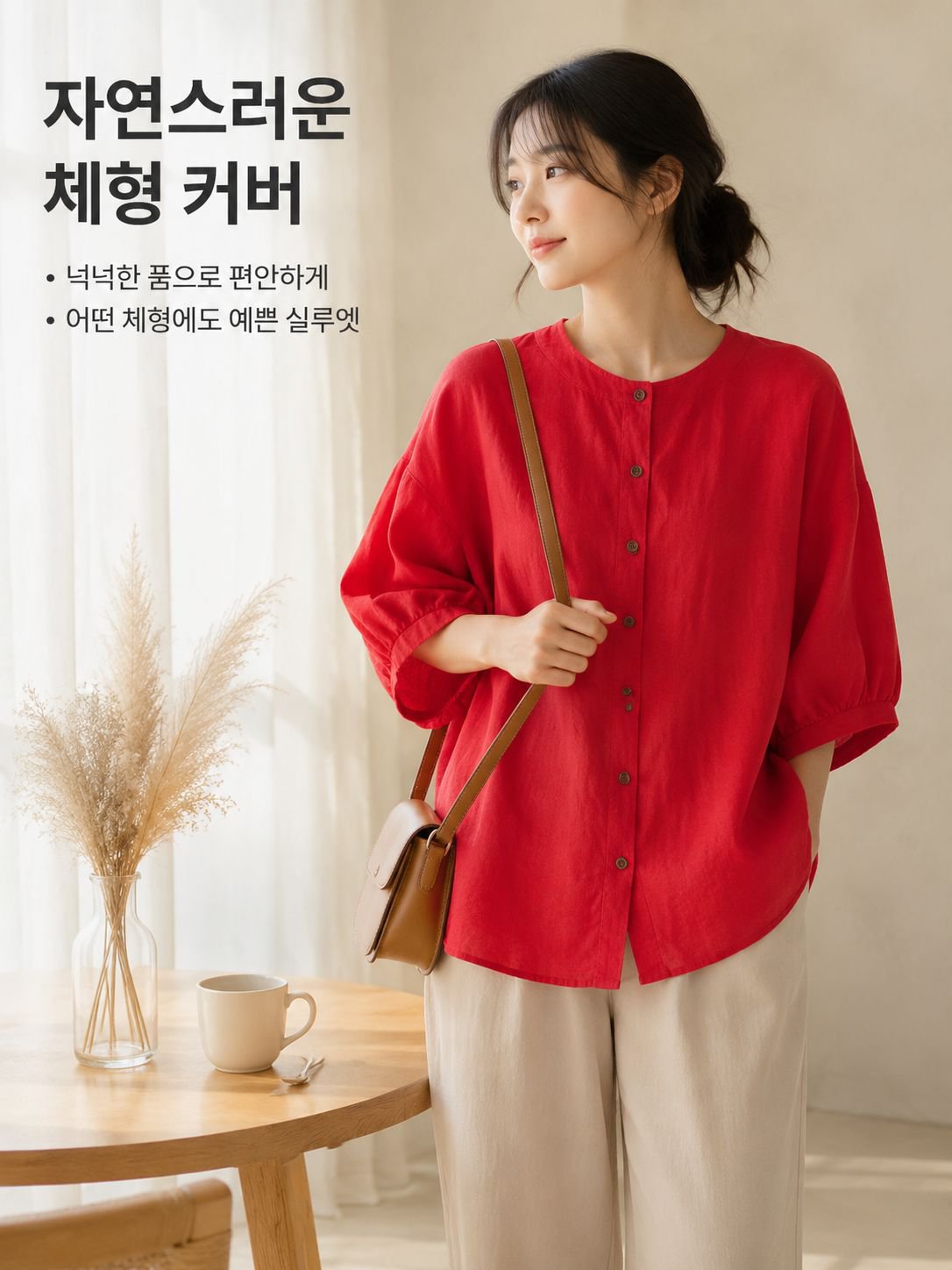 캐주얼 면마 벌룬소매 여성 셔츠