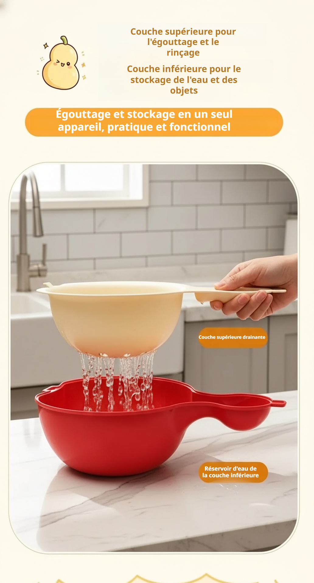 Organisation de cuisine avec panier égouttoir double couche