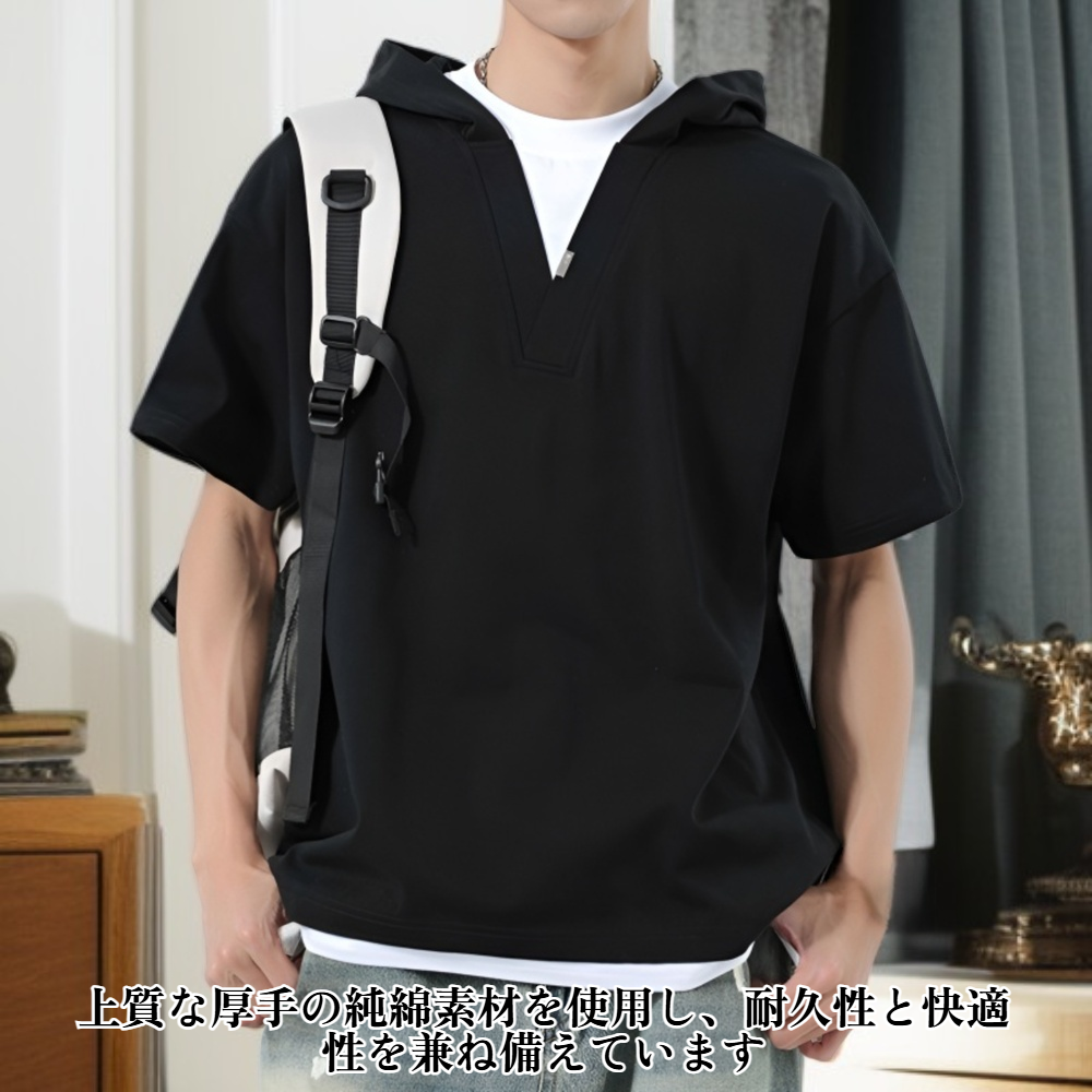 春夏メンズストリート系ヘビーコットンフード付き半袖Tシャツ M-3XL