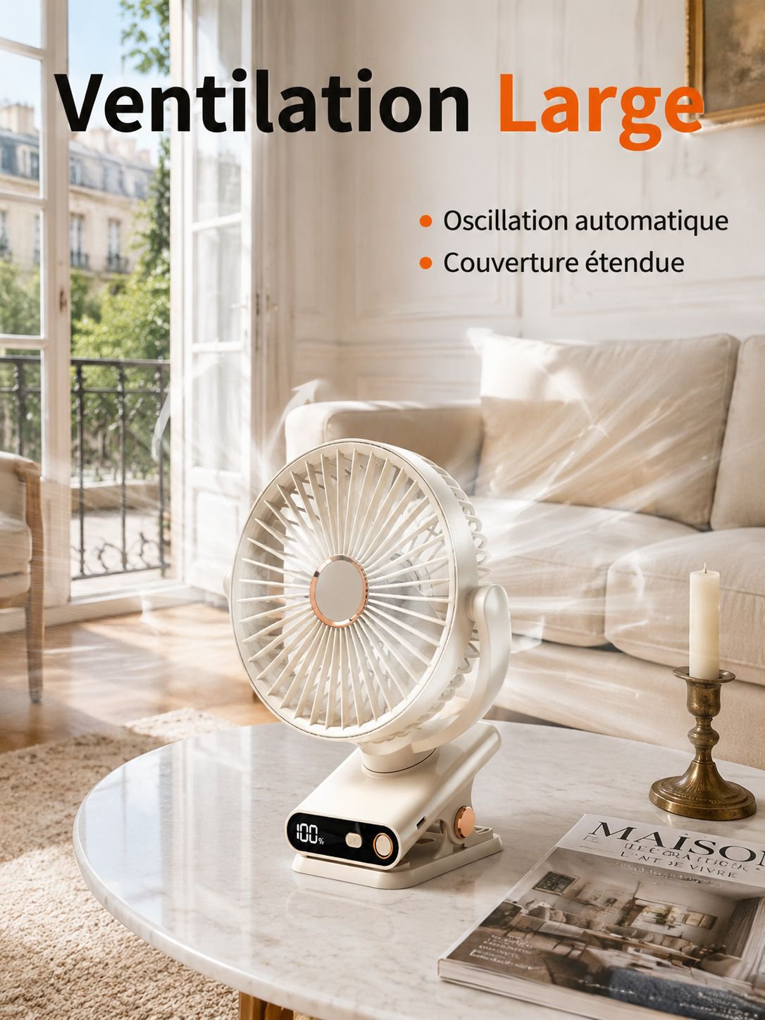 Ventilateur de bureau à pince, oscillant automatique