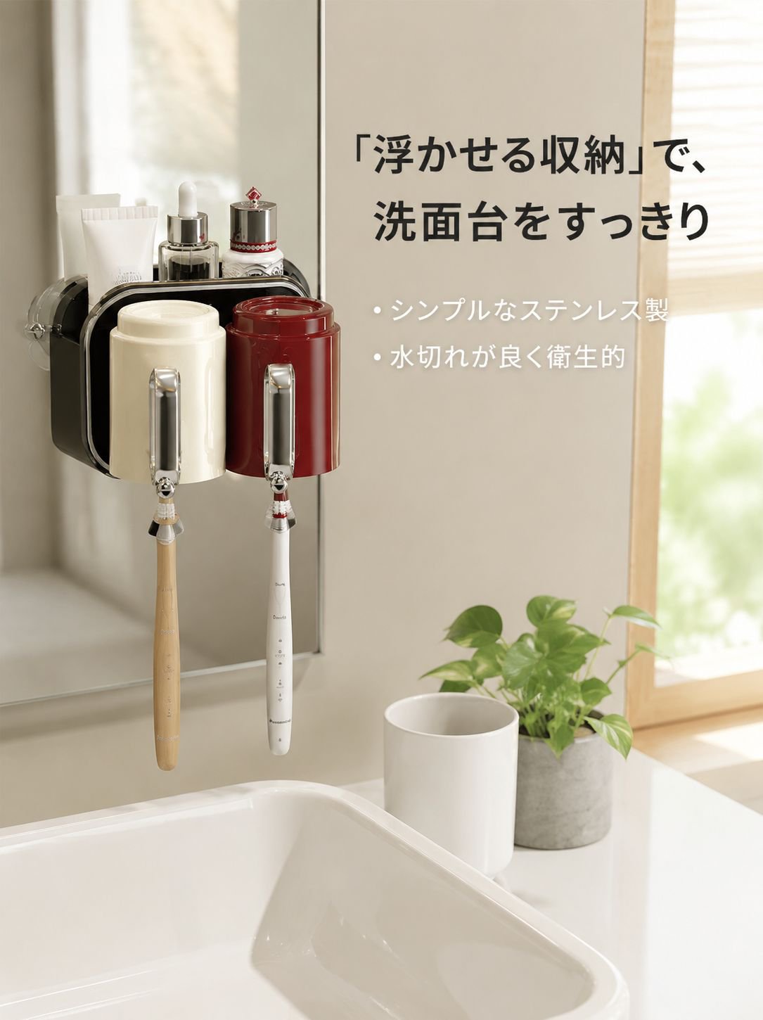 穴あけ不要の吸盤式歯ブラシホルダー、ステンレス製吸盤式歯ブラシホルダー。