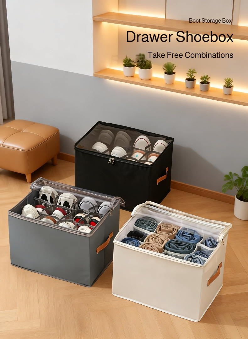 Foldable shoe organizer box with lid for dust and moisture protection