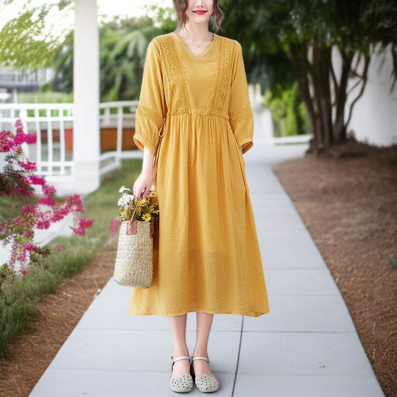 편하고 모던 심플 7부 문예풍 스트랩 원피스 롱 브이넥