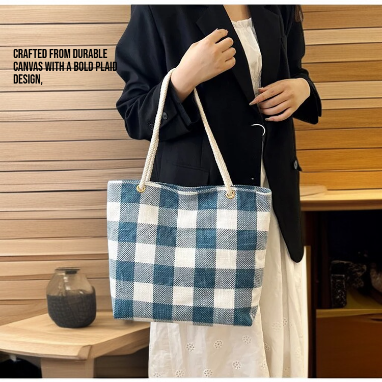 Big Plaid Canvas Tote Bag, Spacious Shoulder Handbag