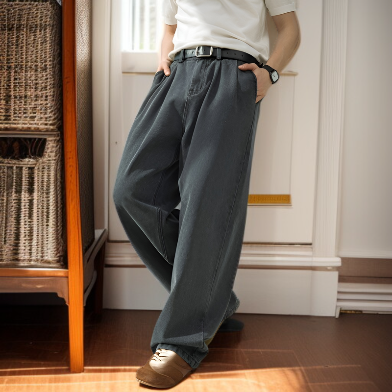 レトロ快適カジュアル メンズカーブドジーンズ 軽量ストレートパンツ