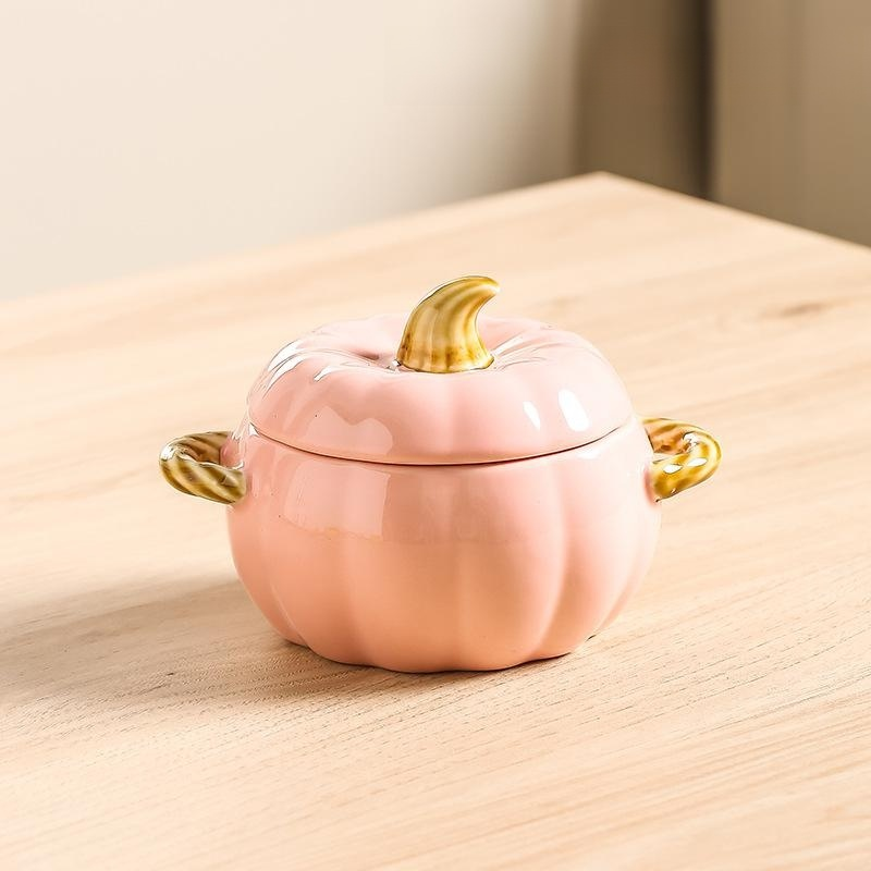 Large Ceramic Pumpkin Soup Bowl with Lid and Double Handles, Anti-scalding for Home Use