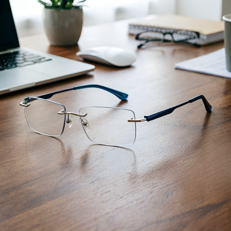 Eine rahmenlose, hochwertige Lesebrille mit diamantgeschliffenen Kanten im klassischen Design, die f