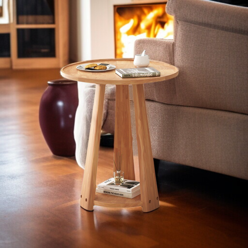 Nordic simple sofa side table home living room double layer small round table solid wood coffee tabl