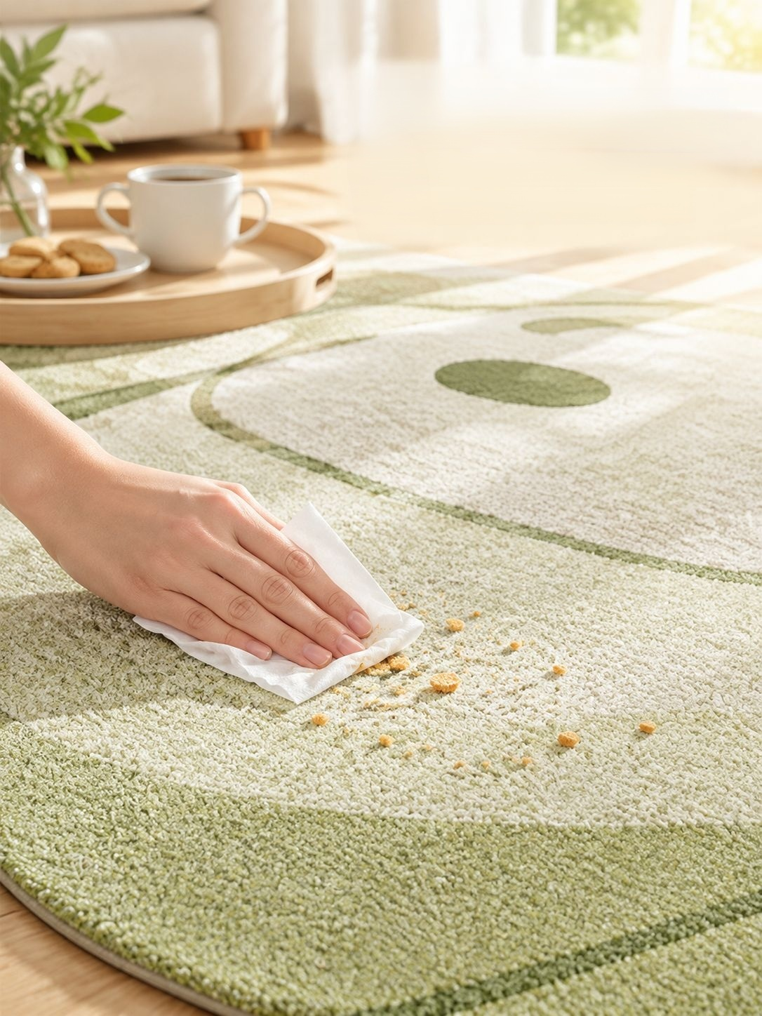 Esquinas reforzadas de la alfombra color crema que garantizan resistencia.
