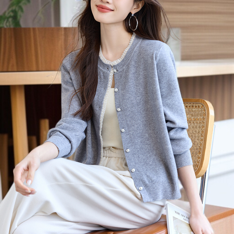 여성 그레이 니트 가디건 아우터 무드 상의 레이스 긴팔 니트