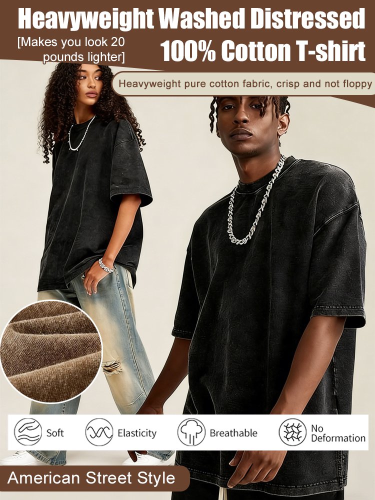 Slimming by 20 pounds American street-style washed vintage heavyweight pure cotton T-shirt