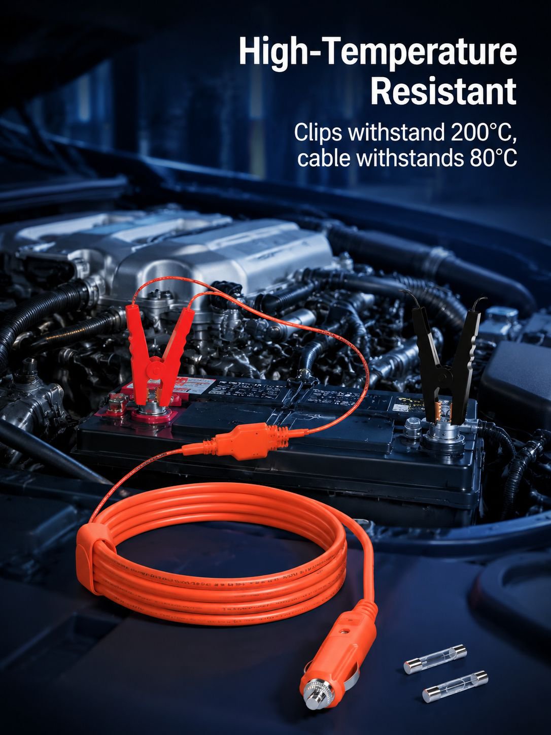 Close up of copper clamps on car battery charging cable
