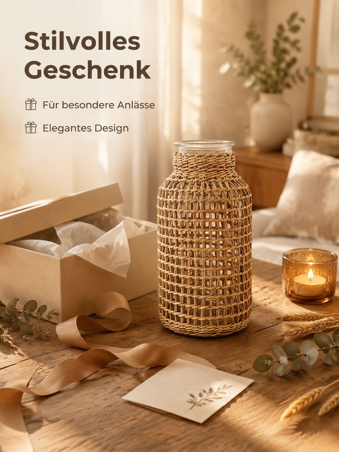 Skandinavische Glasvase mit Strohdetails