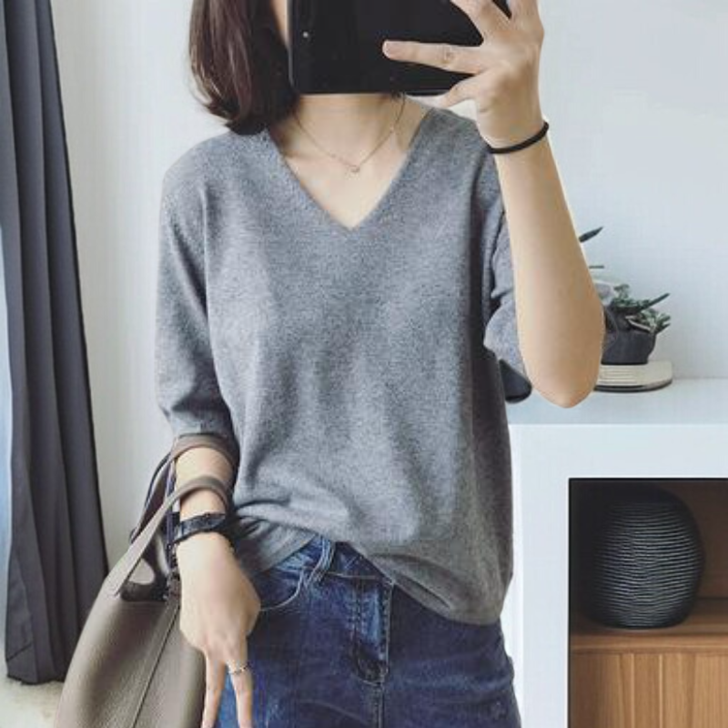 여성 이너 니트 반팔티 캐주얼 반팔 티 상의 순색 브이넥 반팔티