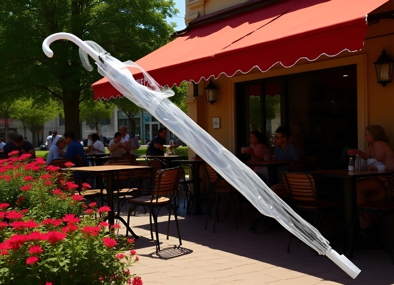 Transparent long-handled umbrella protecting from rain