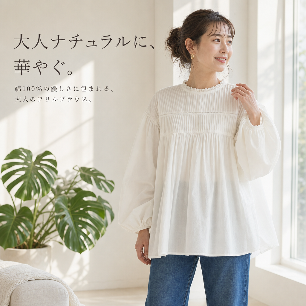 新作コットンギャザールーズ長袖シャツ レディース