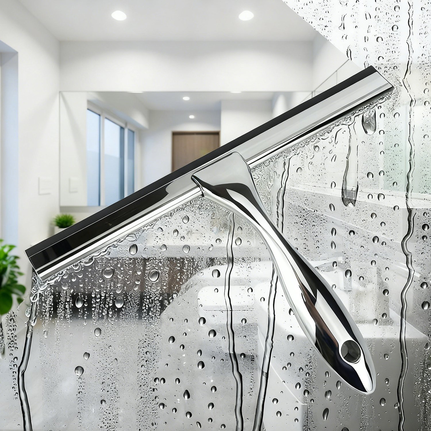 Bathroom glass with stainless steel wiper blade