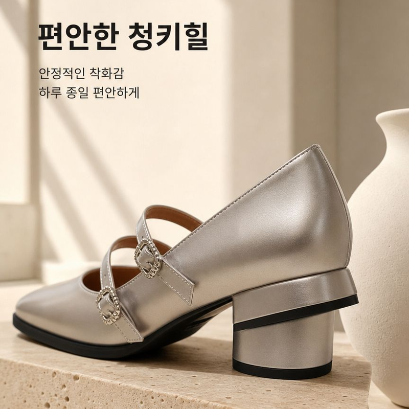 두꺼운 굽의 스퀘어 토 실버 메리 제인 슈즈