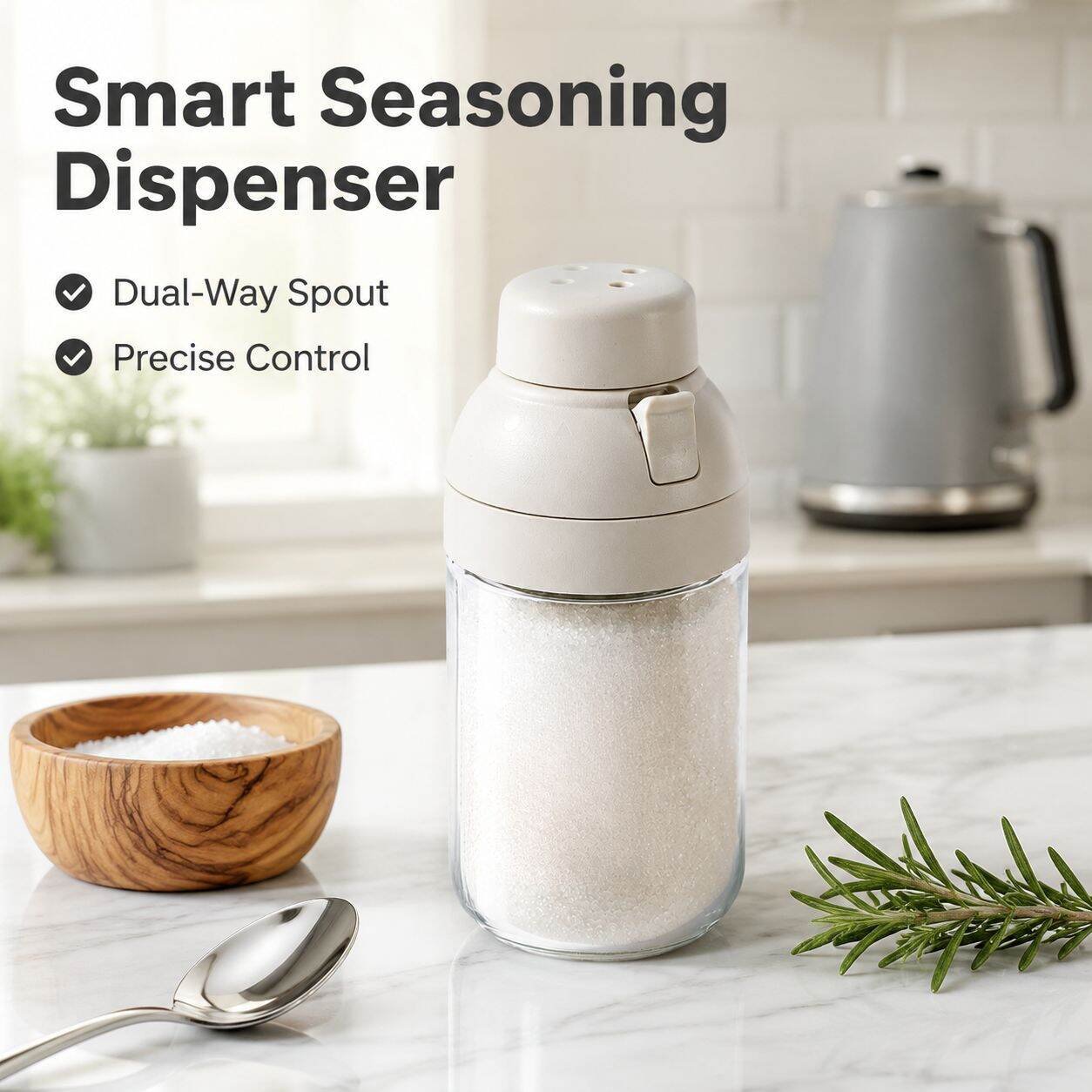 Salt-Control Measuring Dispenser - Sealed Glass Spice Jar