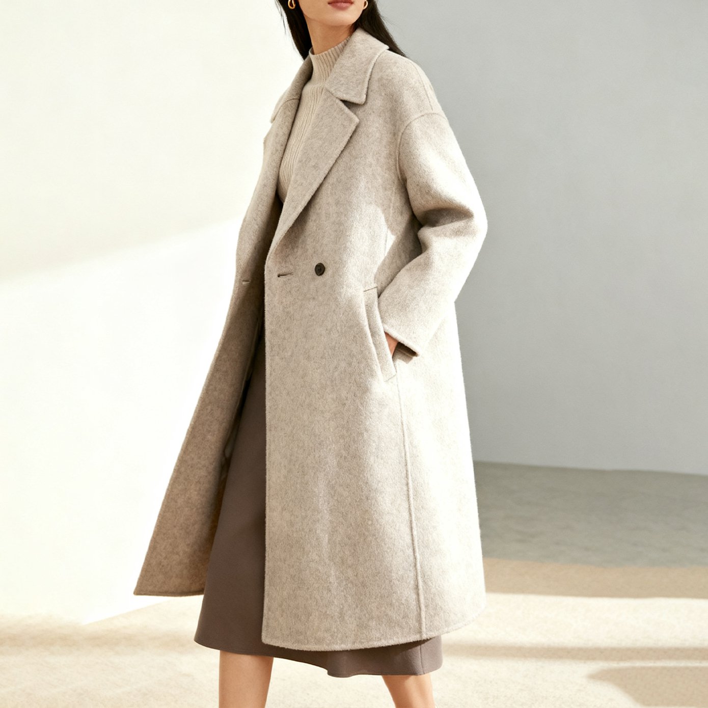 キャメル混ウールロングコート