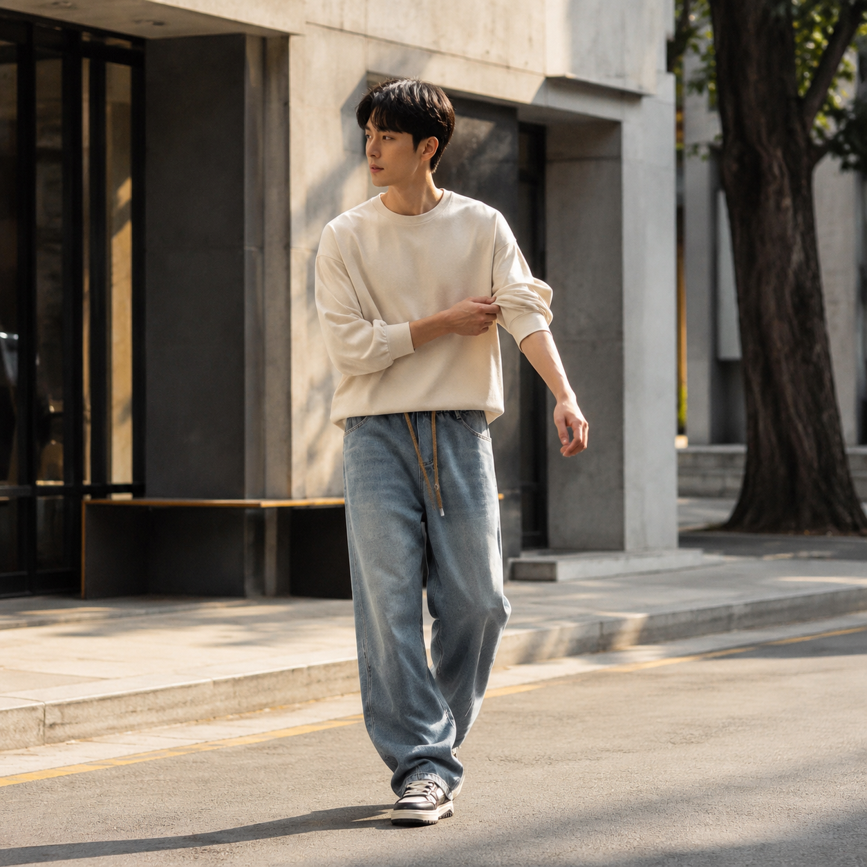 남성 패션 루즈핏 커브드 진 캐주얼 팬츠
