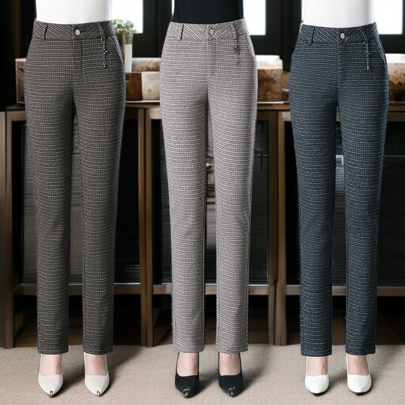高弾性チェック柄冬厚手パンツ ハイウエストルーズストレートパンツ 繊維高弾性パンツ