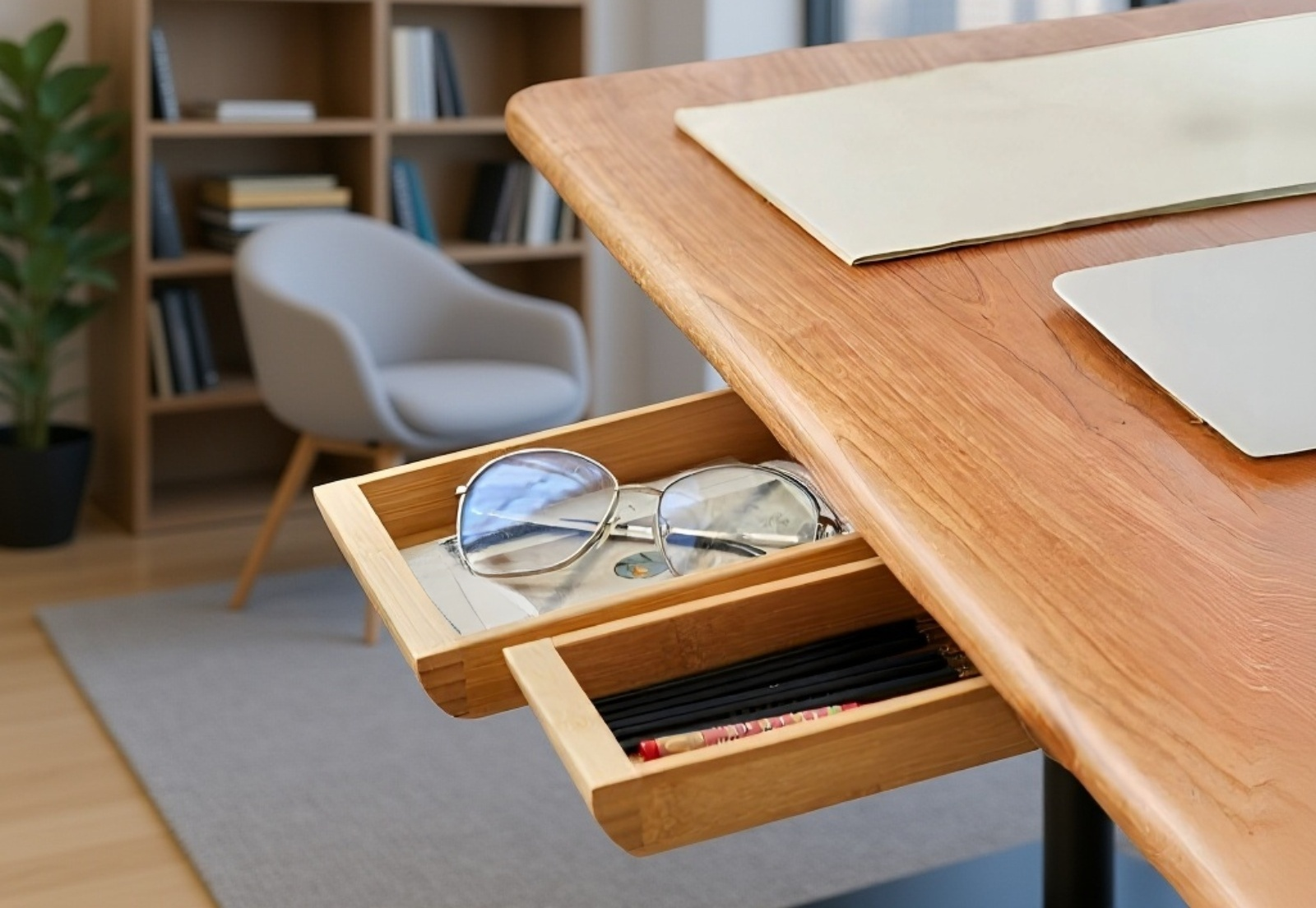 صندوق تخزين خشبي سحب نوع الخشب تحت الطاولة