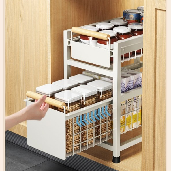 廚房收納架 可抽拉式碗碟置放架 多功能瓶罐整理架