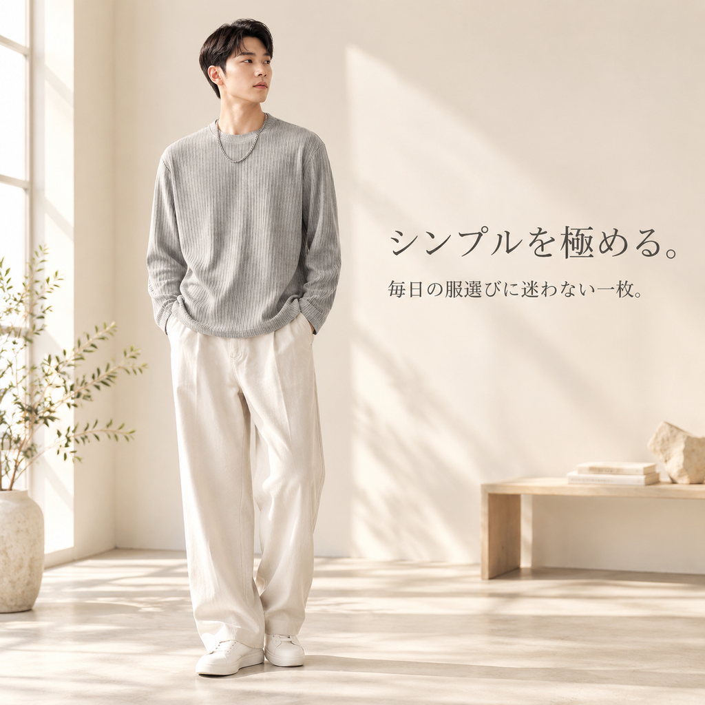 メンズ春秋用日本風縦ストライプ長袖Tシャツ