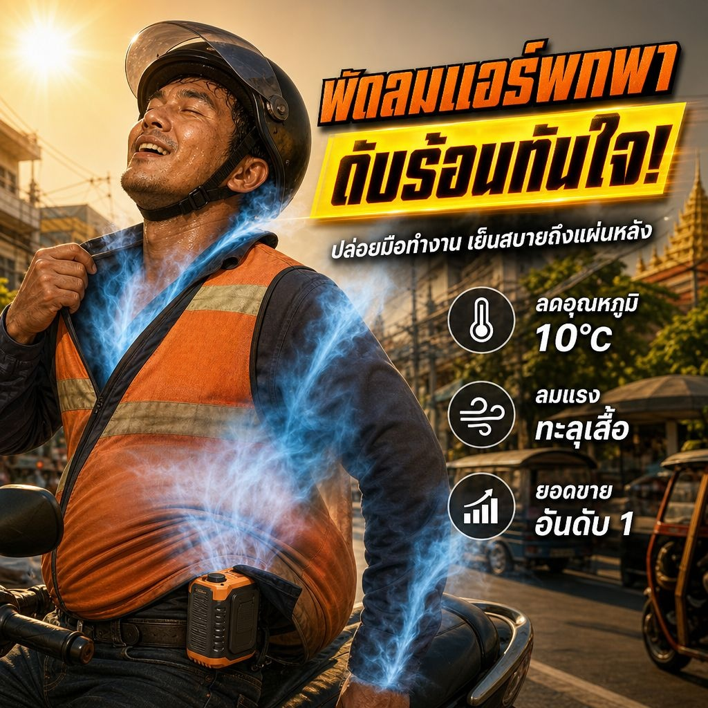 พัดลมพกพาติดเอวสำหรับไซต์งาน ลมแรง เย็นสบายกลางแจ้ง