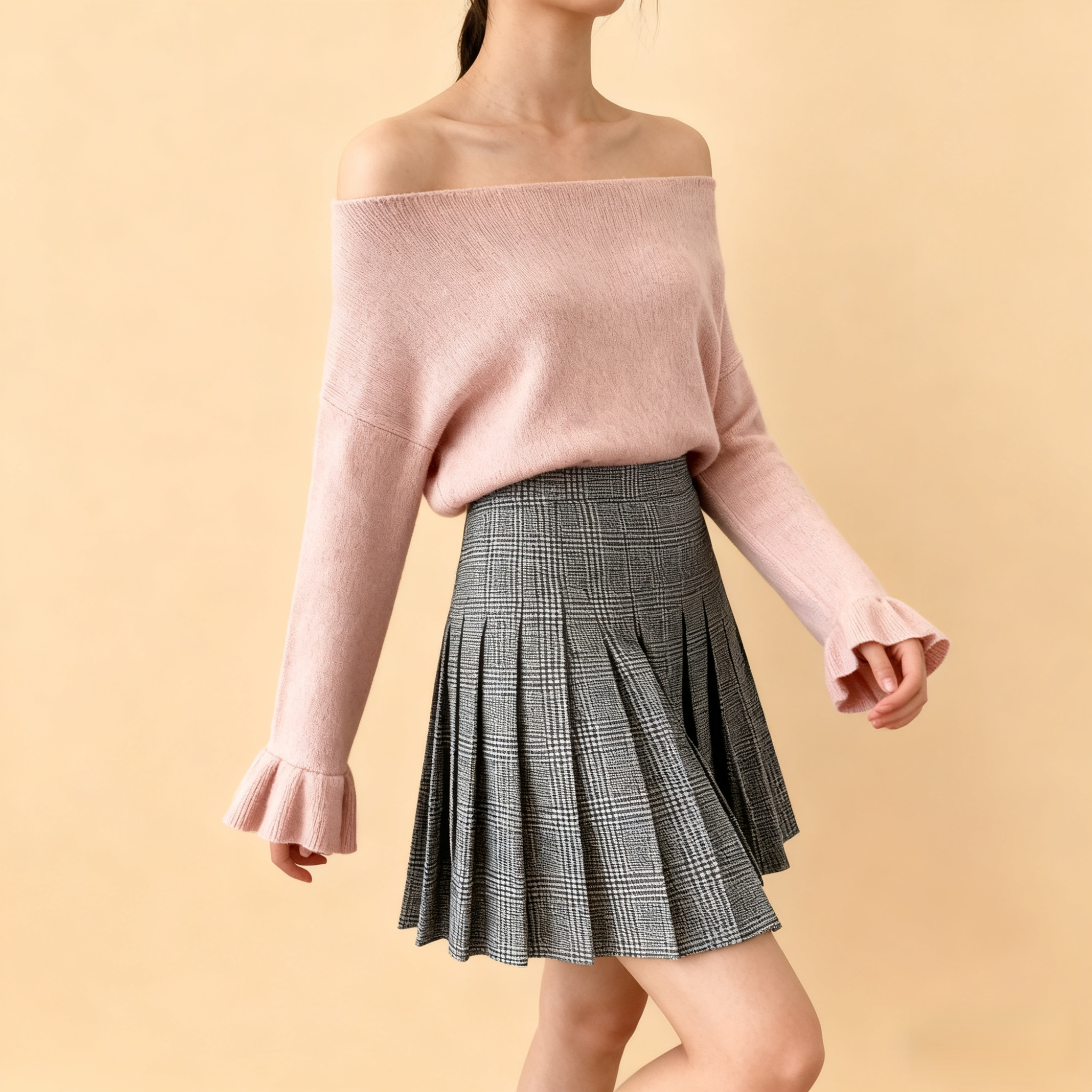 オフショルダー ラッフルスリーブセーター