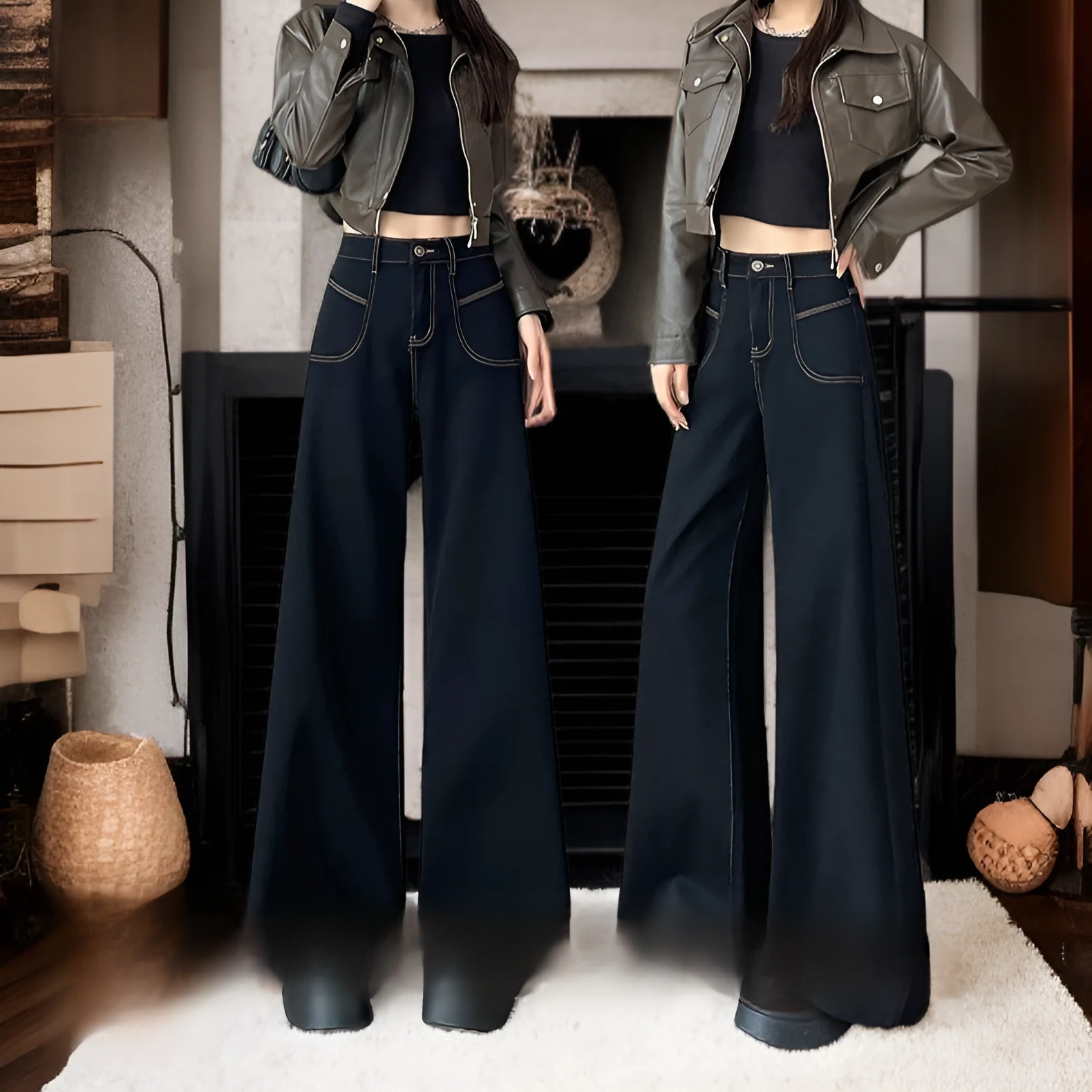 レディースギャザーハイウエストワイドデニム全体画像