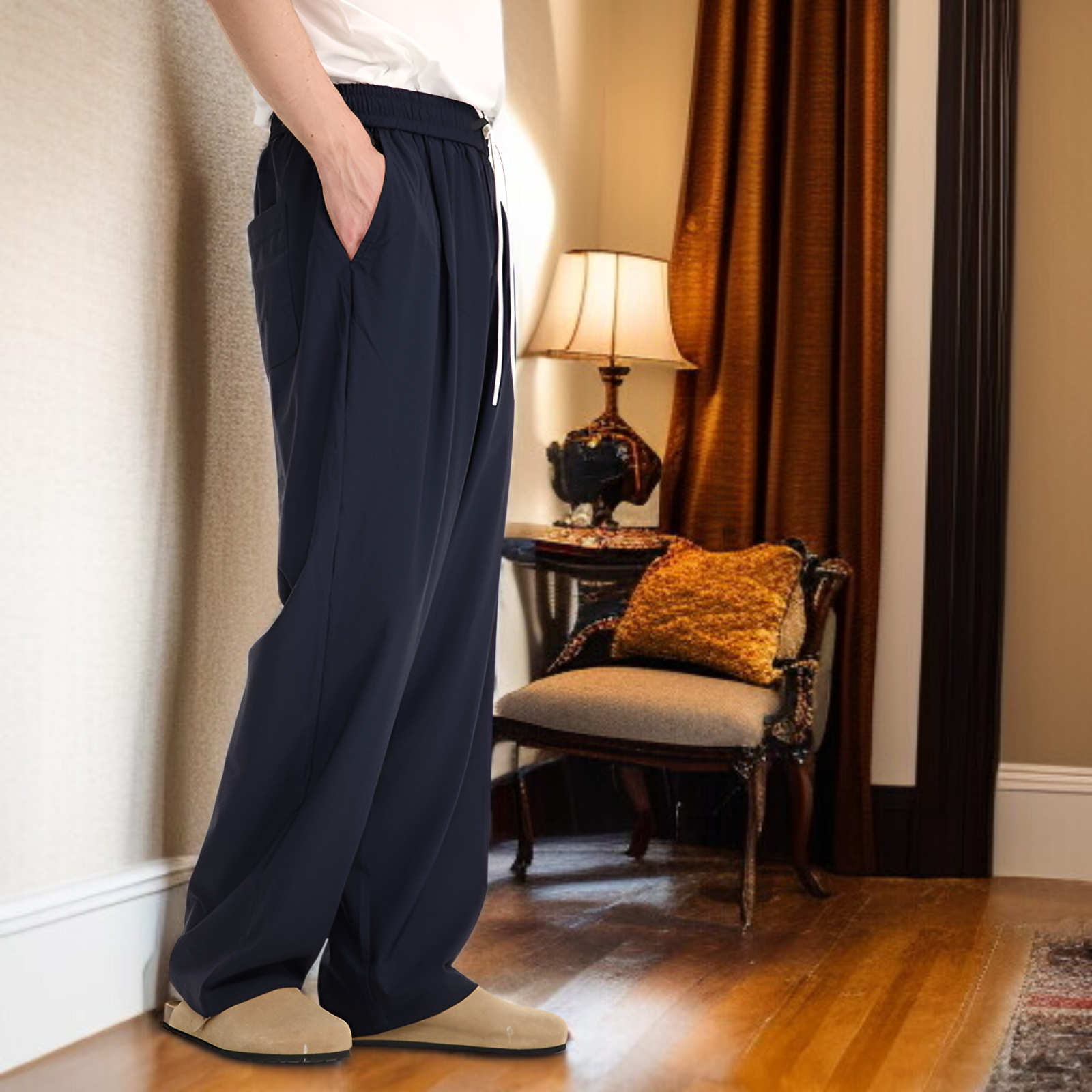 チェック柄速乾空調パンツ高弾性クールパンツゆったりスポーツカジュアルストレートパンツ男女兼用2025春夏新作パンツ