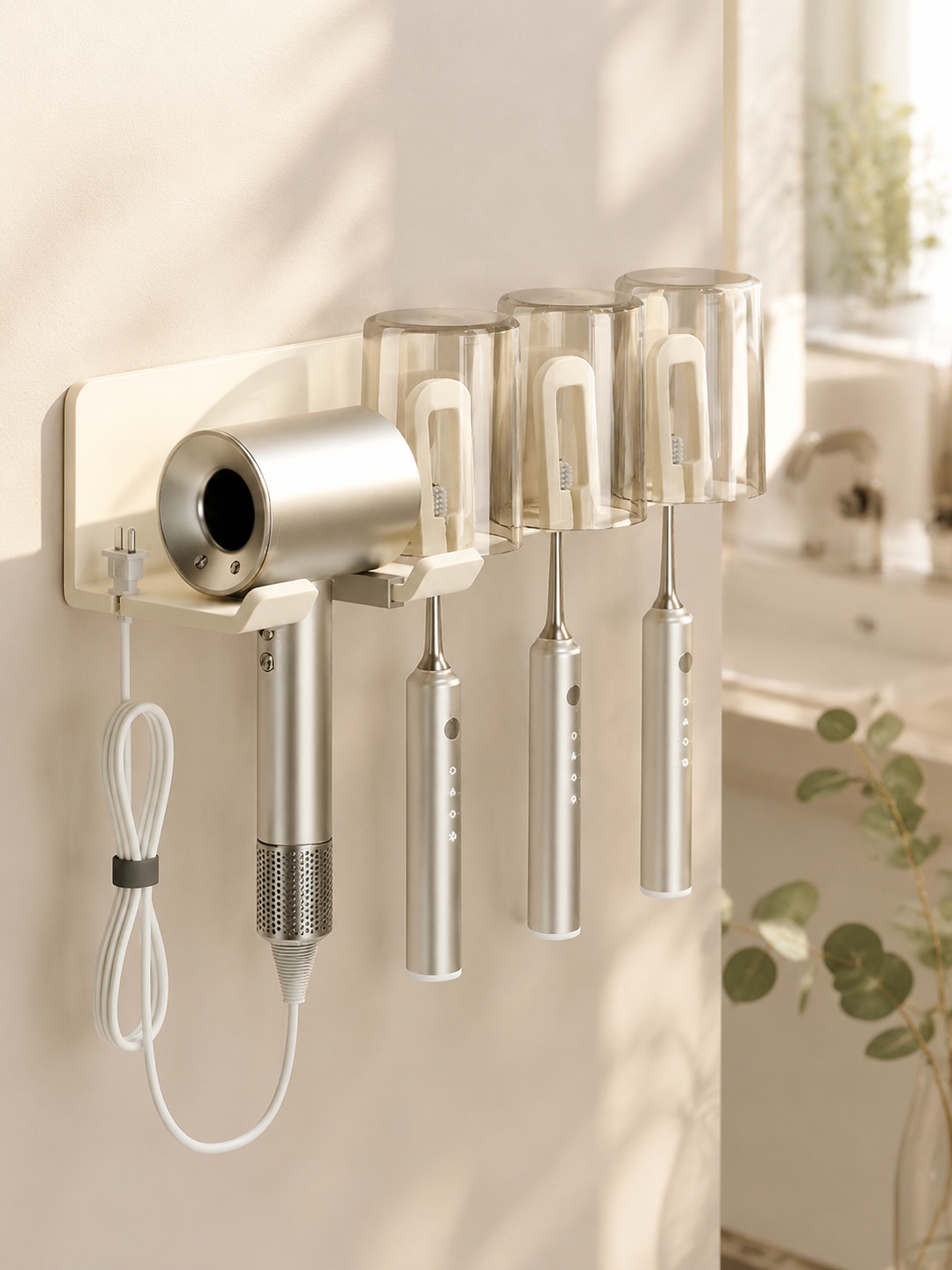 ノンホール電動ドライヤー歯ブラシホルダー コップ一体型バスルーム壁掛け収納ラック