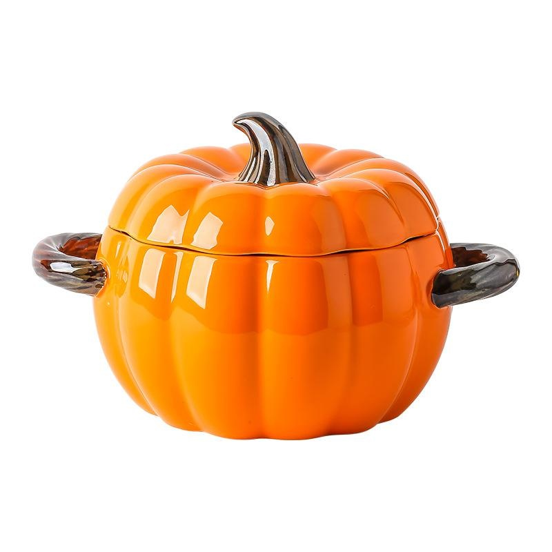Large Ceramic Pumpkin Soup Bowl with Lid and Double Handles, Anti-scalding for Home Use
