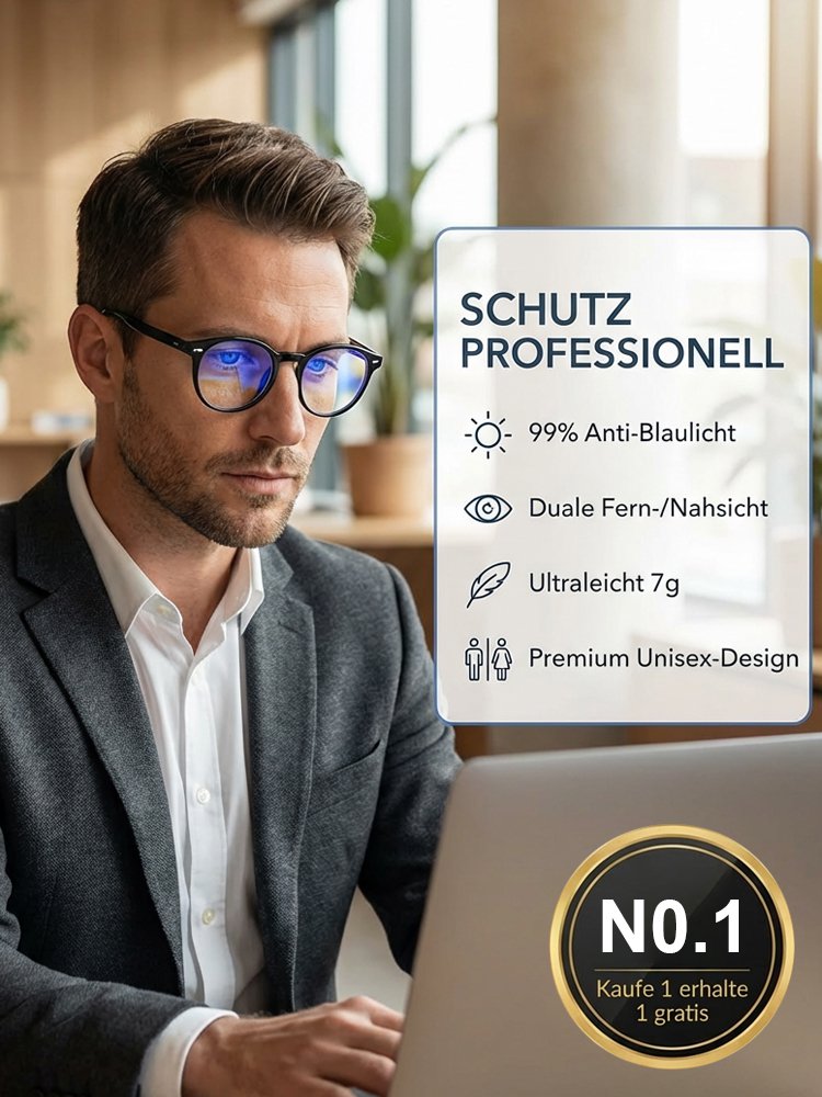 Blaulichtfilter-Brille mit Autofokus für Nah- und Fernsicht.