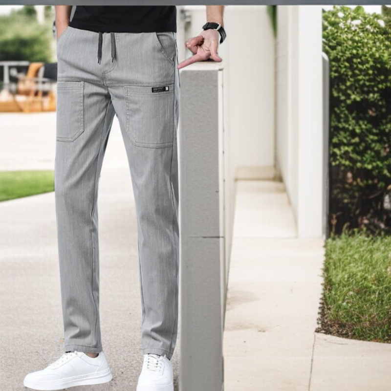 デニム風6ポケットバンドウエスト薄手カジュアルパンツ