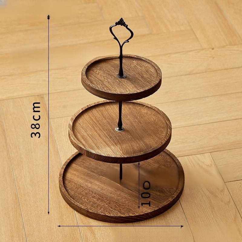 Présentoir à desserts rond à deux niveaux en bois