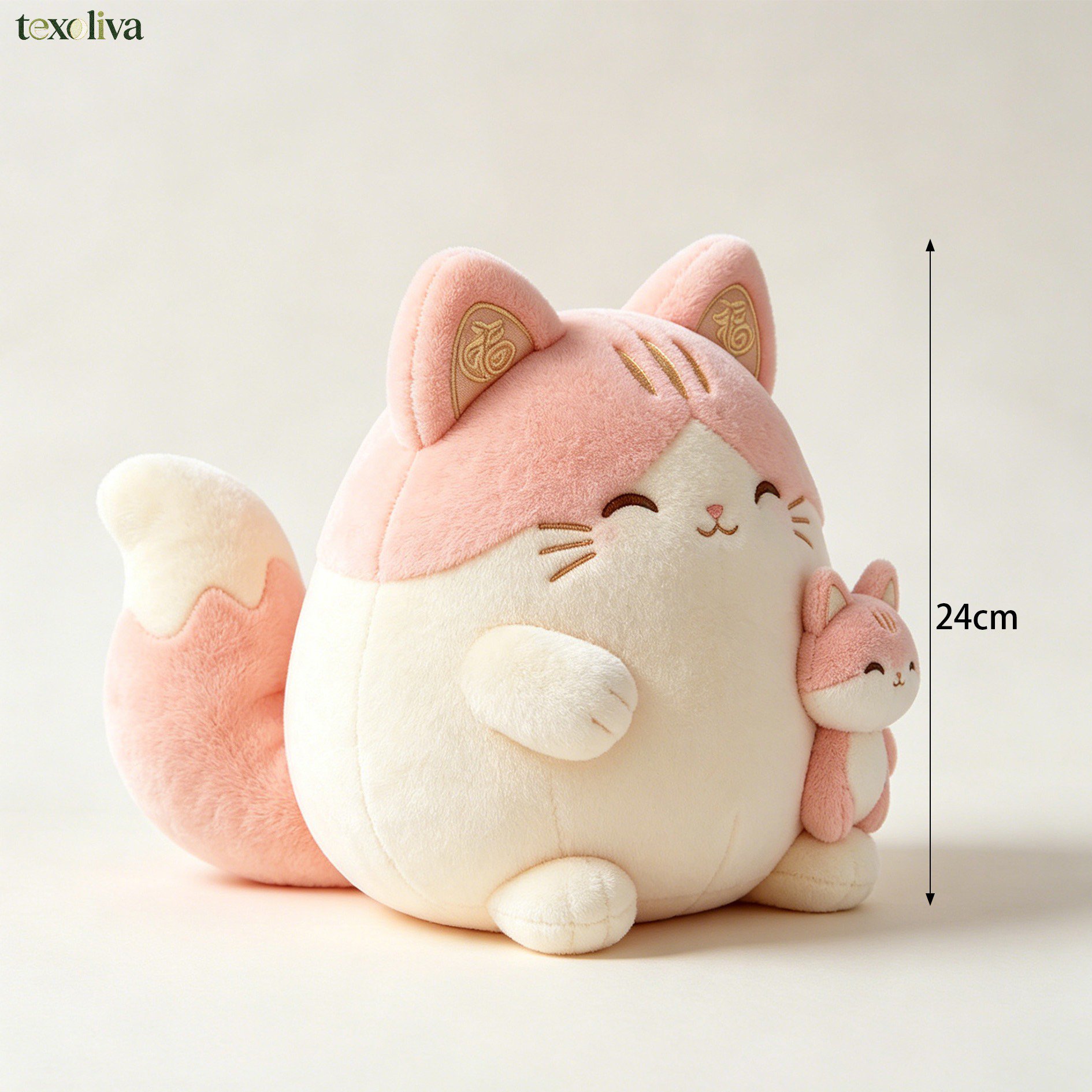 Children hugging adorable cat plush toy