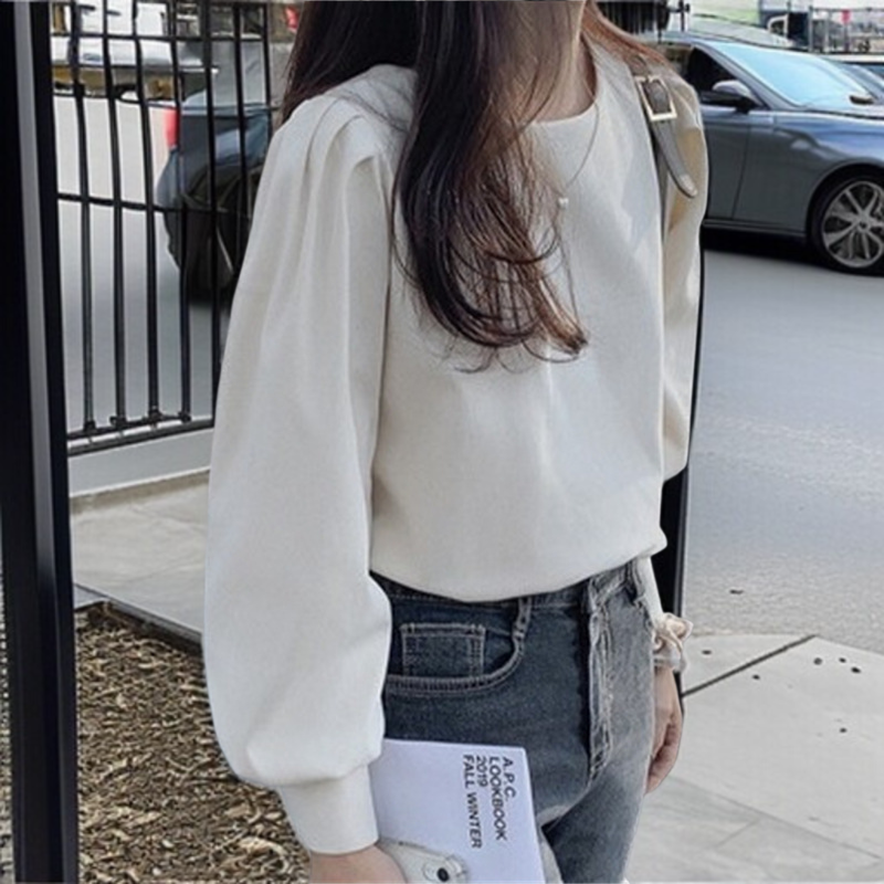 女性の秋の白い老化長袖シャツ緩い泡袖ブラウスヘイズブルー長袖シャツ