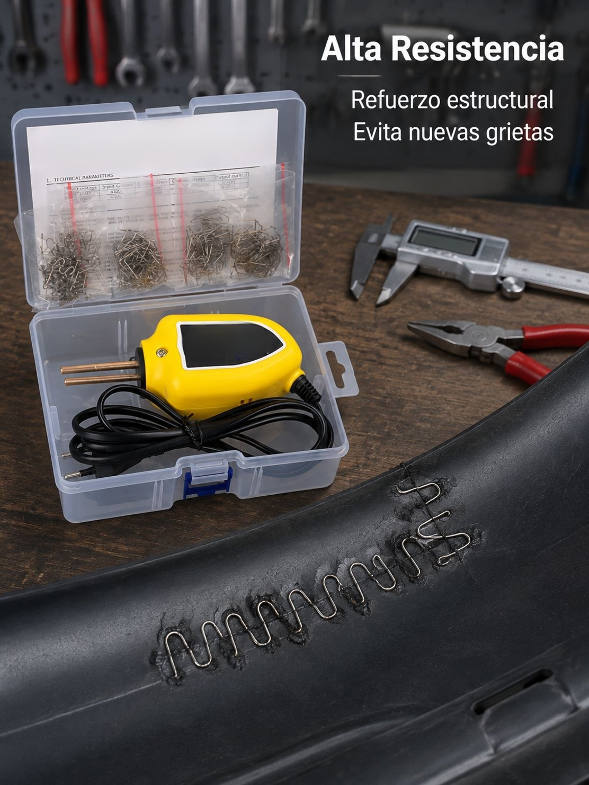 Reparando parachoques de automóvil con pistola de soldadura de plástico
