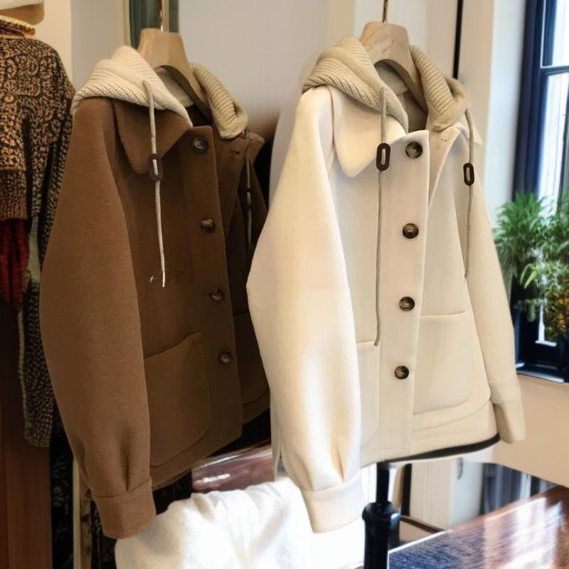 패치워크 후드 울 코트, 빈티지 루즈핏 재킷, 페이크 투피스 여성 코트