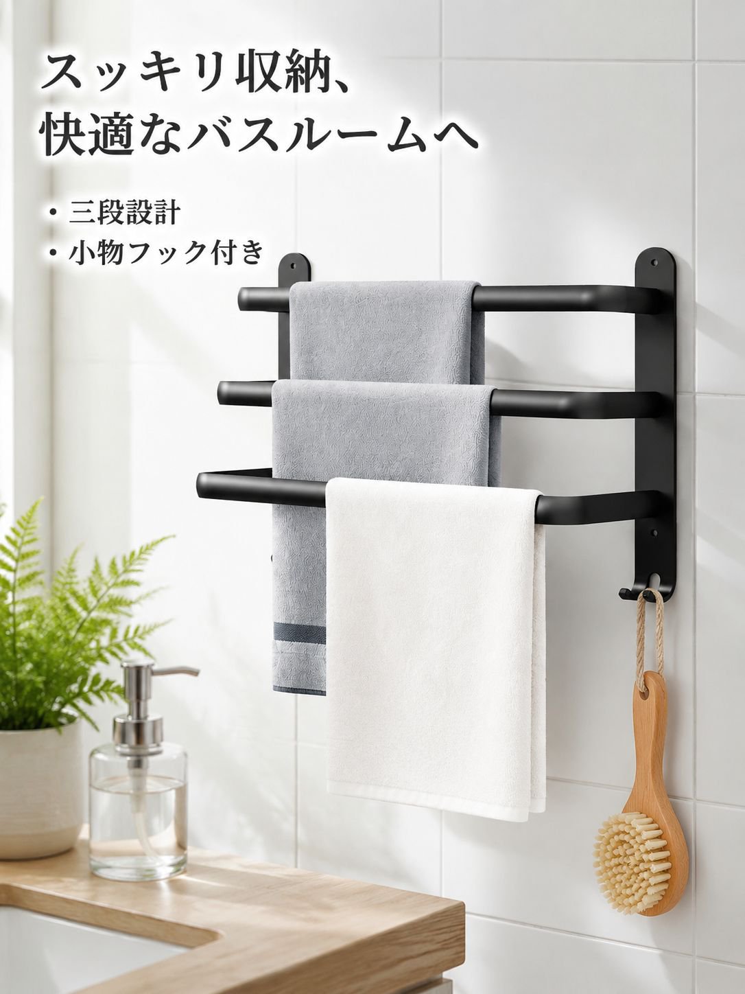 穴あけ不要バスルーム収納棚・タオル掛け一体型ラック