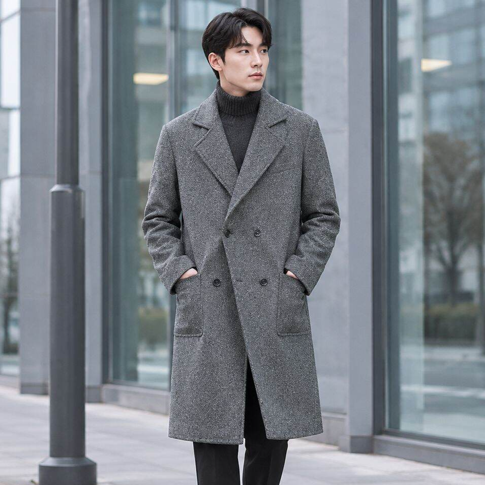 남성 더블버튼 미디 롱 모직 코트 트렌치 자켓