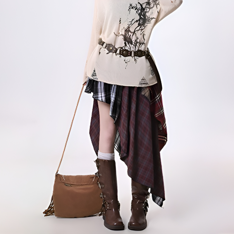 Retro Asymmetrical Plaid Skirt