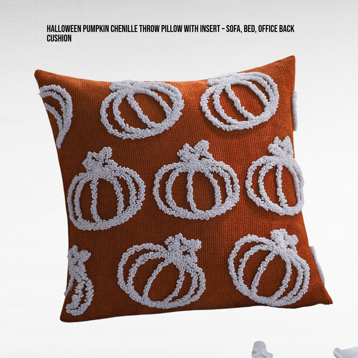 Halloween Pumpkin Chenille Throw Pillow with Insert – Sofa, Bed, Office Back Cushion