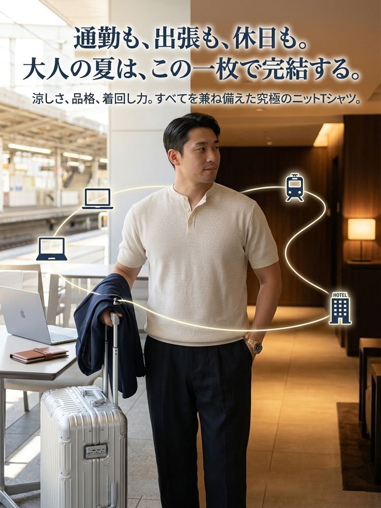 メンズひんやり涼感ヘンリーネックニットTシャツ